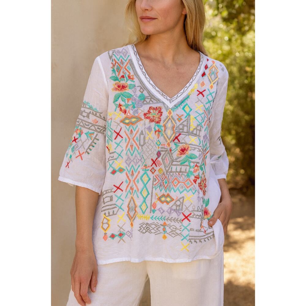Johnny Was White Embroidered V-Neck Blouse with Multicolor Floral Motif